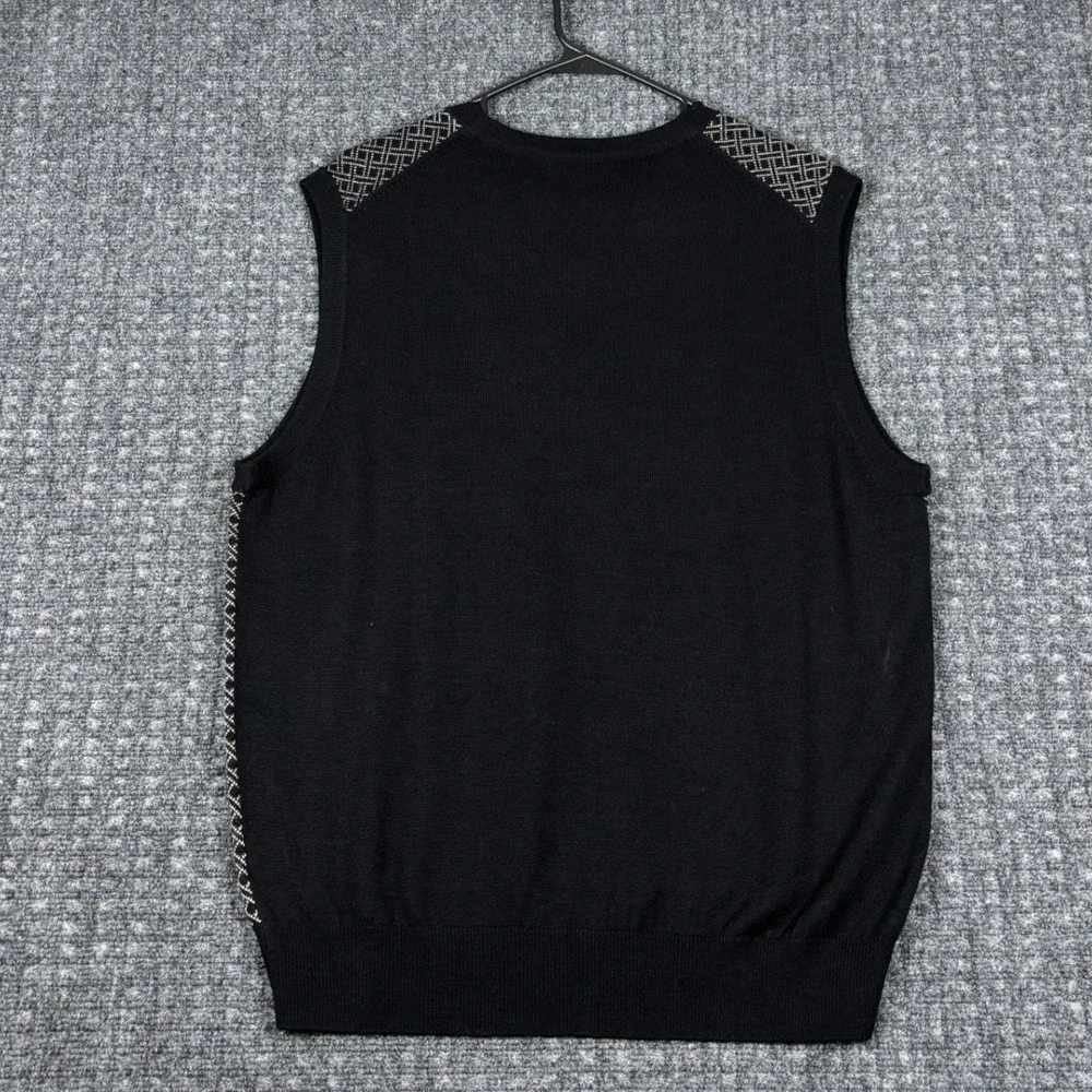 TravelSmith Merino Wool Blend V-Neck Sweater Vest L Black Geometric Preppy Y2K
